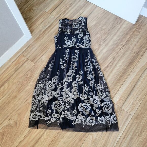 Beige by ECI Embroidered Tulle Illusion Midi Dress in Black Navy - Picture 6 of 13